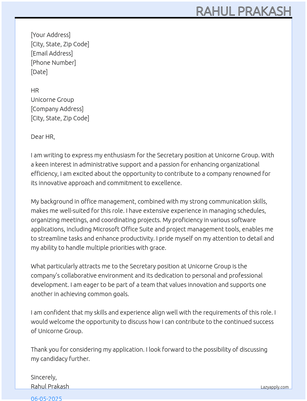 Secretary At Unicorne Group Cover Letter