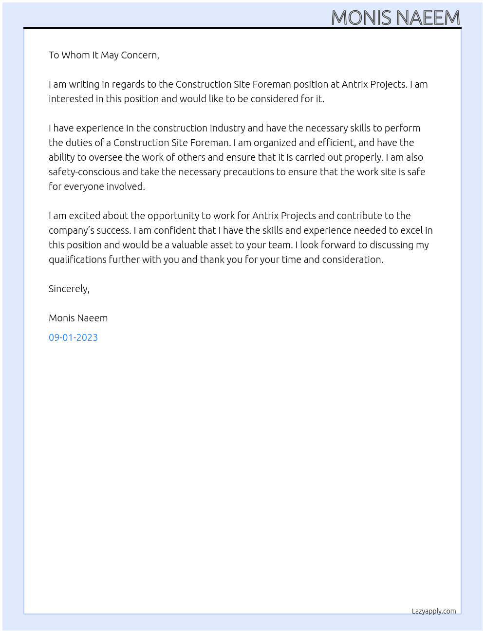 Construction site Foreman At Antrix Projects Cover Letter
