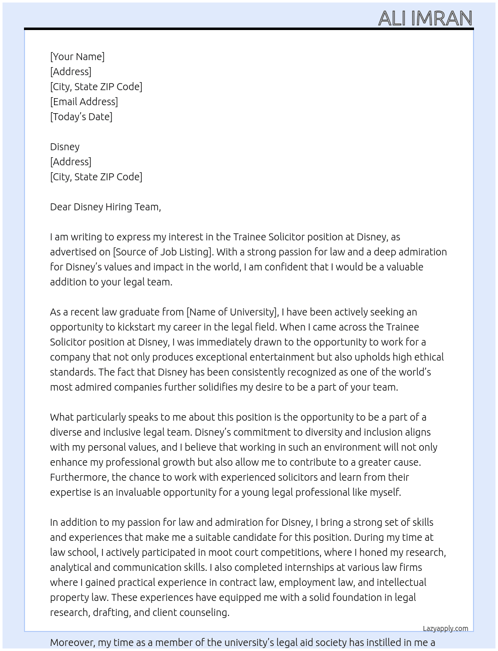Trainee Solicitor  At Disney Cover Letter