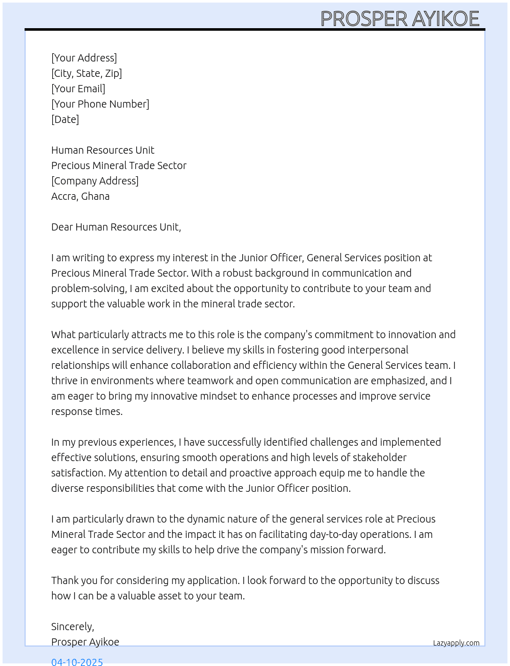 Cover letter for junior officer general services - LazyApply