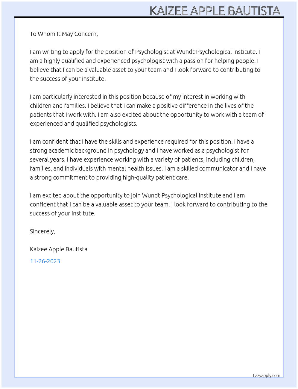 Psychologist  At Wundt Psychological Institute  Cover Letter