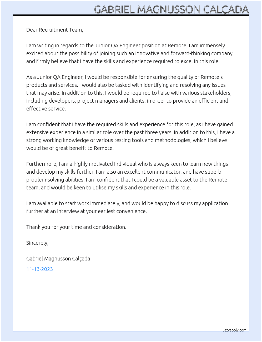 Junior QA engineer At Remote Cover Letter