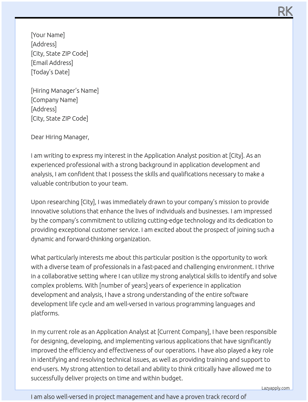Application Analyst At City Cover Letter