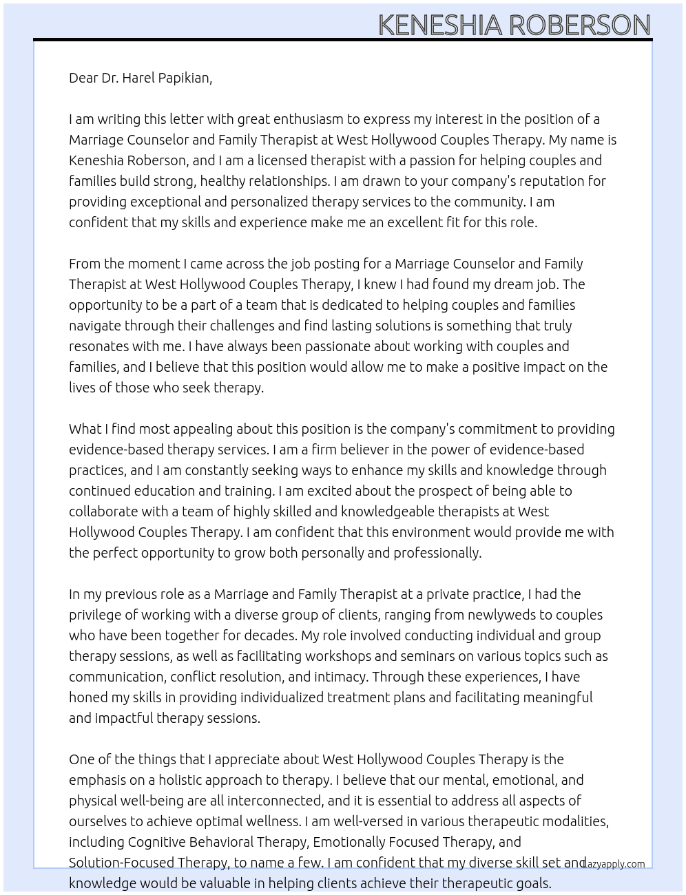 marriage counselor and family therapist  At west Hollywood couples therapy  Cover Letter