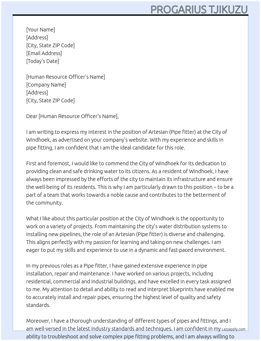 Artesian (Pipe fitter) At City of Windhoek Cover Letter