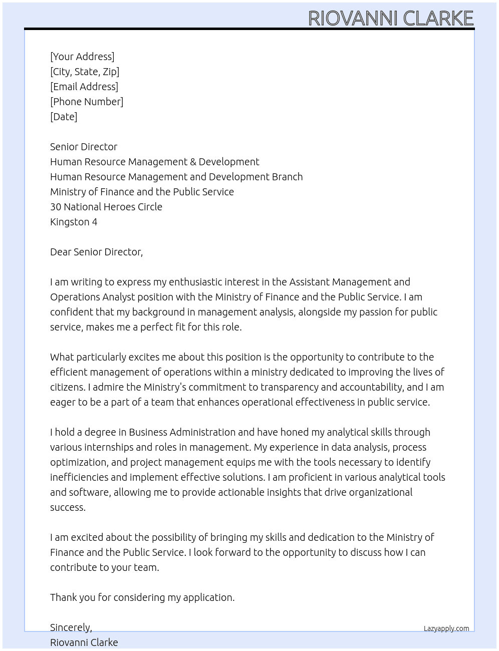 Cover letter for assistant management and operations analyst - LazyApply
