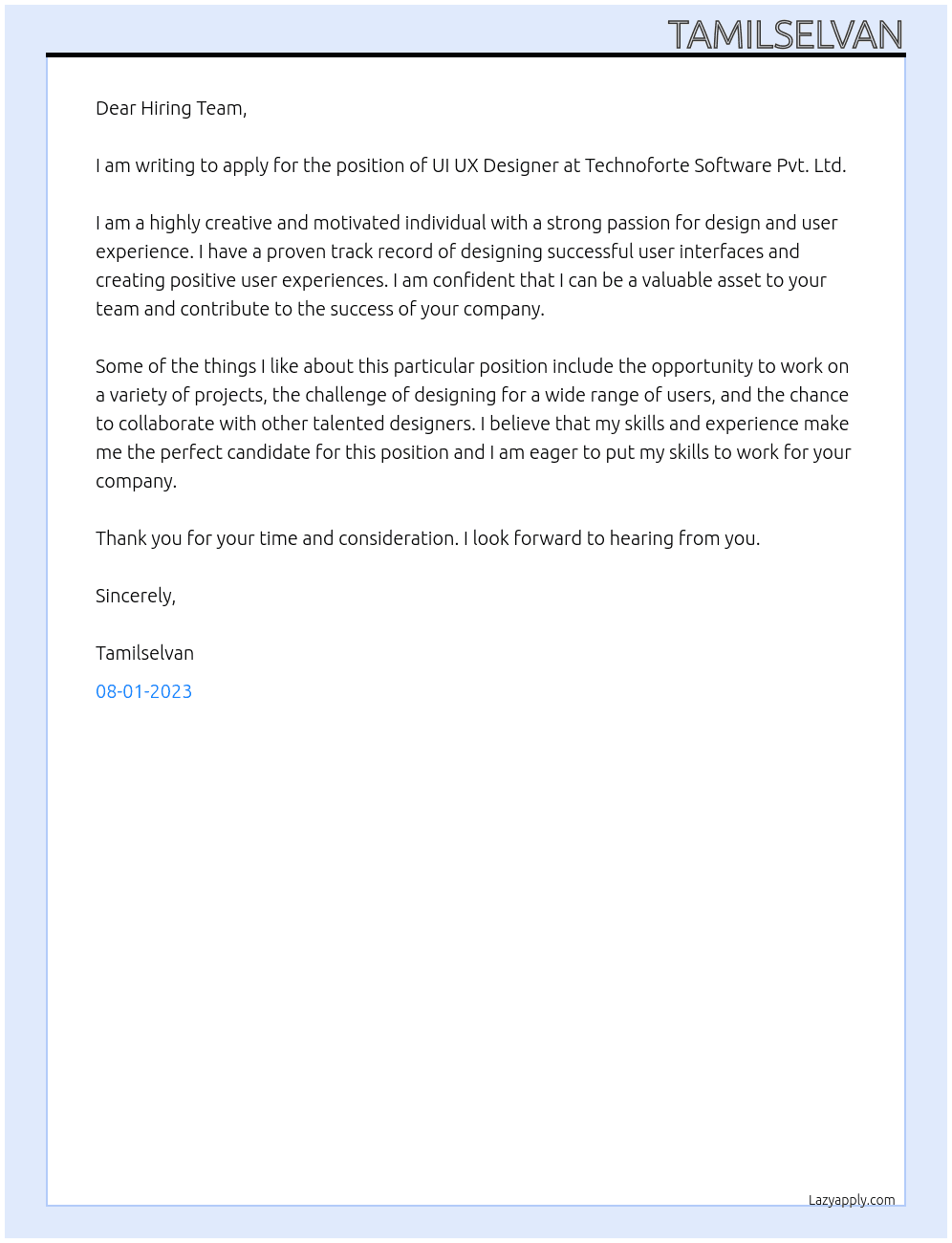 UI UX Designer At Technoforte software pvt ltd Cover Letter