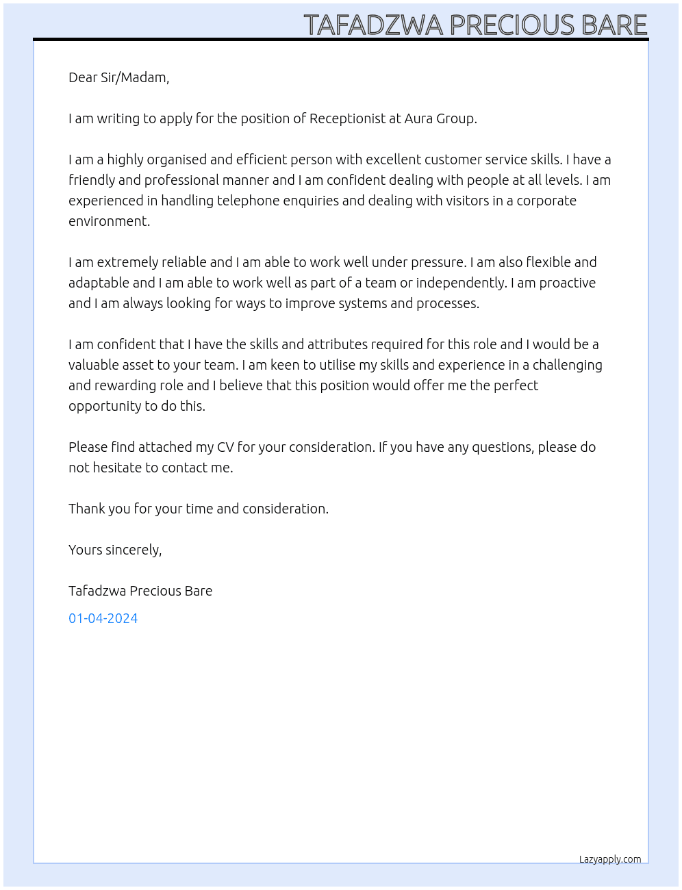 Receptionist  At Aura Group Cover Letter