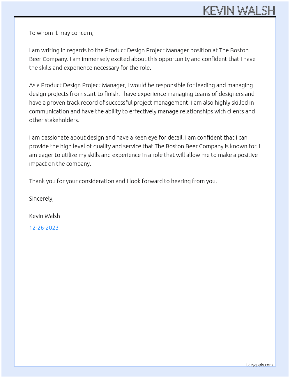 Product Design Project Manager At The Boston Beer Company Cover Letter