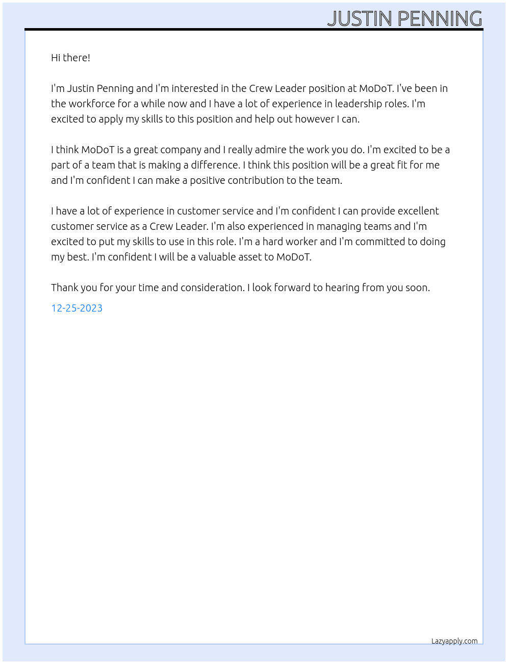Crew Leader At MoDoT Cover Letter