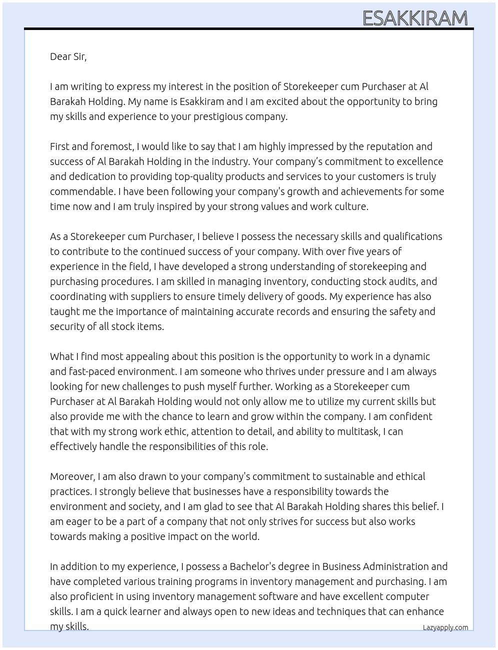 Storekeeper cum Purchaser  At Al Barakah holding Cover Letter