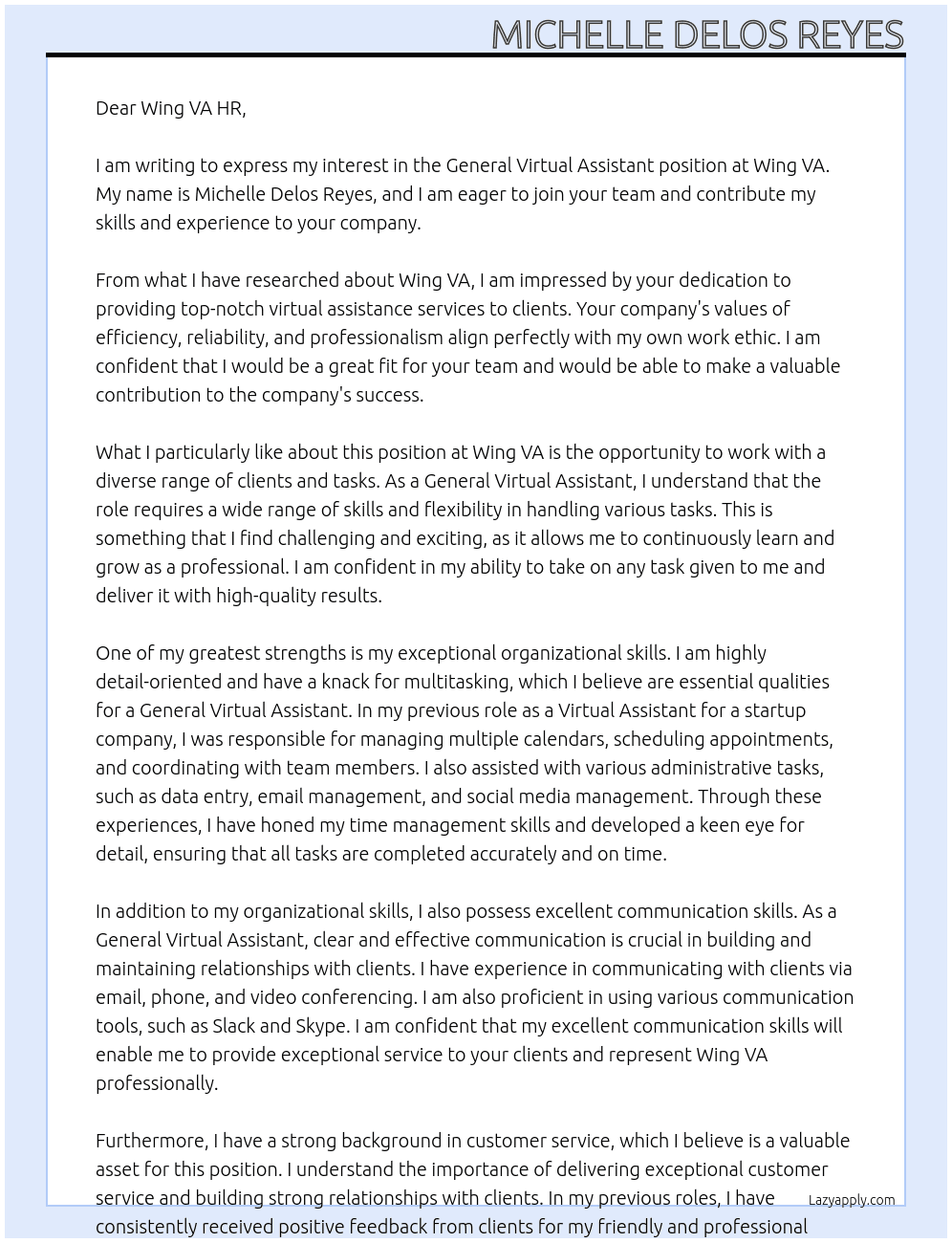 General Virtual Assistant At Wing VA Cover Letter