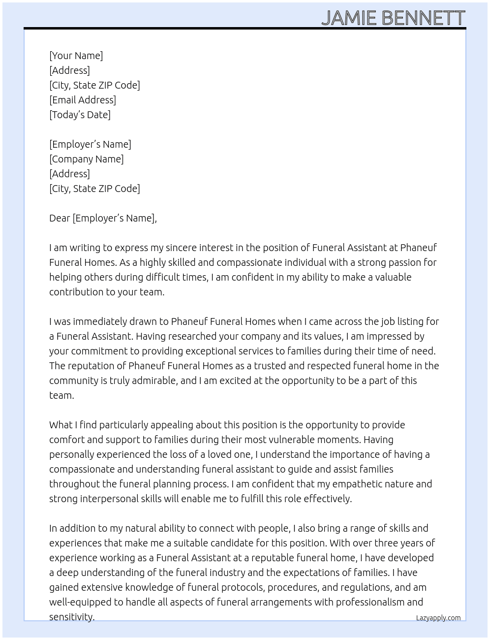 Funeral assistant  At Phaneuf Funeral Homes Cover Letter