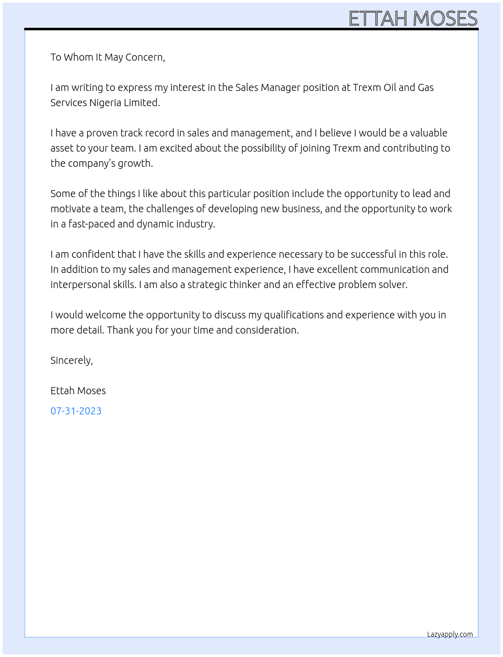 Sales Manager  At Trexm Oil and Gas Services Nigeria Limited  Cover Letter