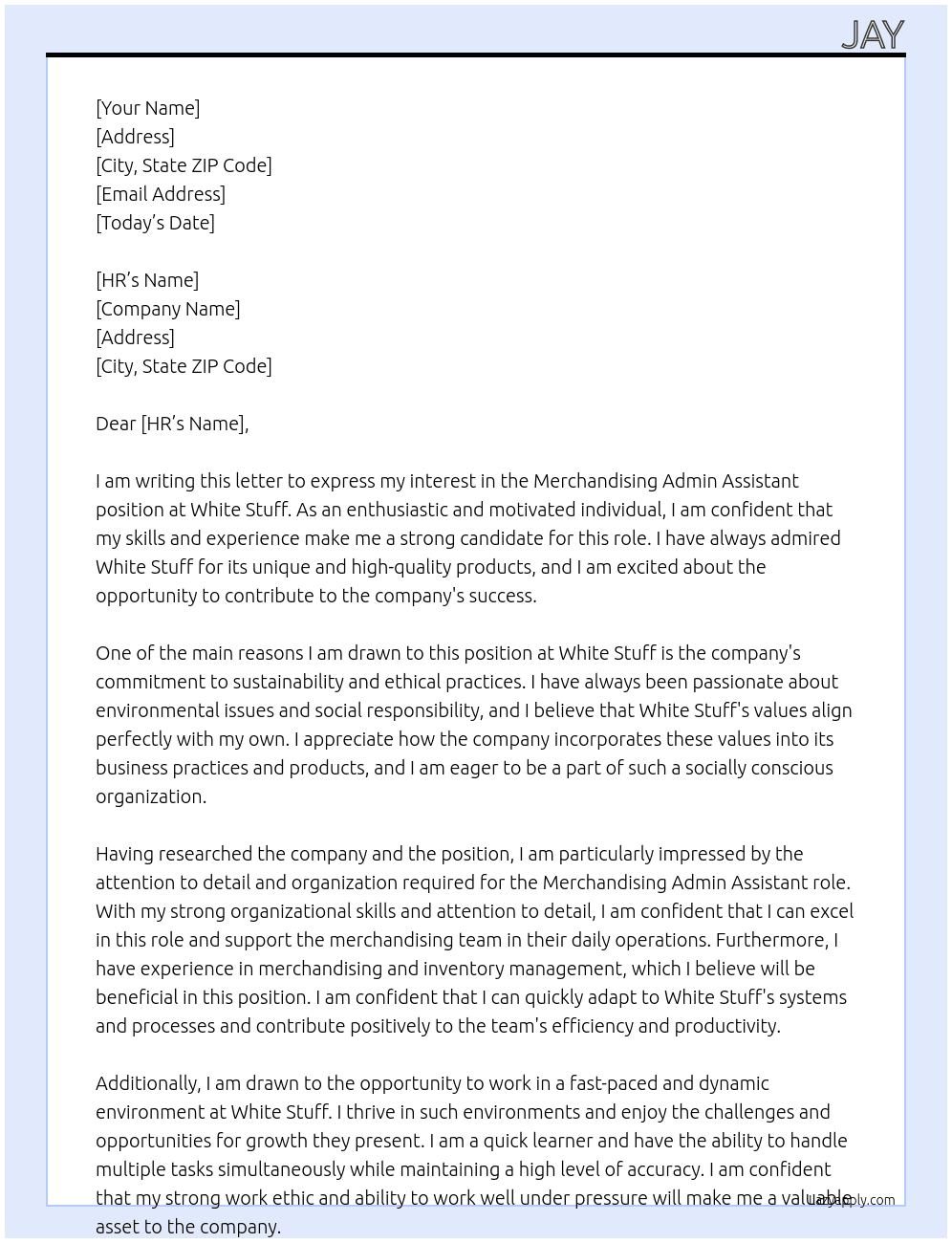 Merchandising Admin Assistant At white stuff Cover Letter