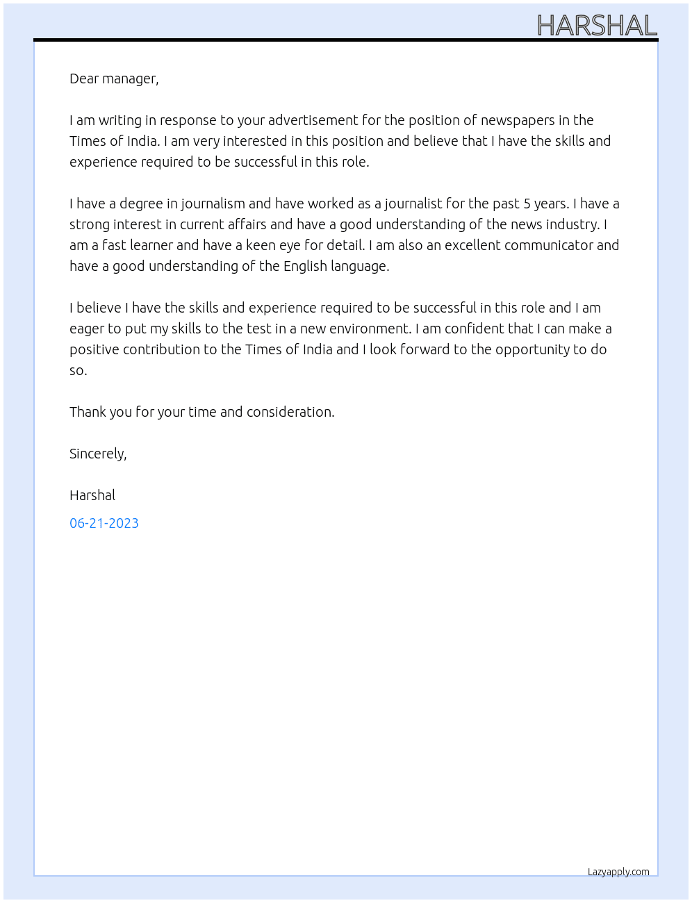 newspapers  At times of india Cover Letter