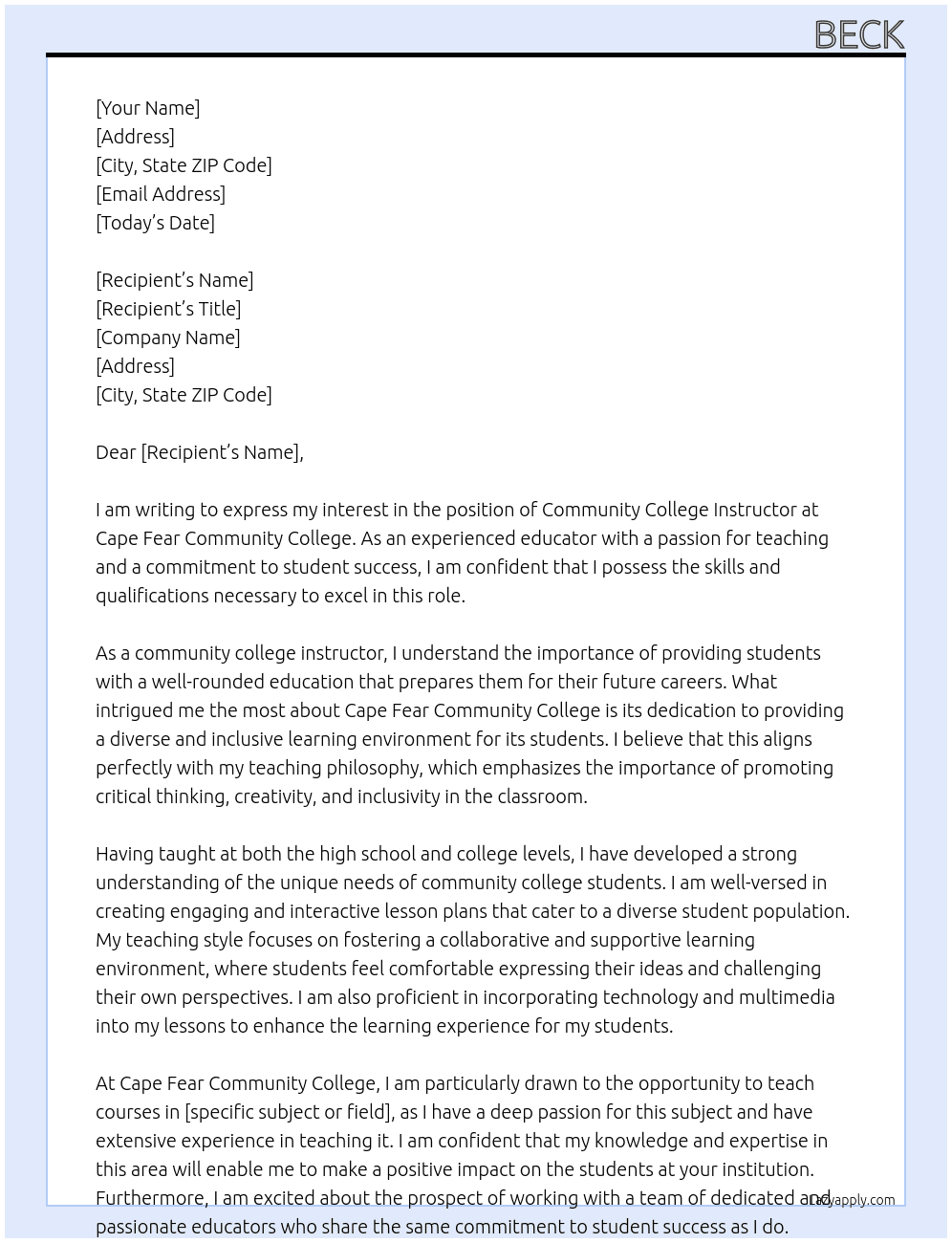 community college instructor At Cape Fear Community College Cover Letter
