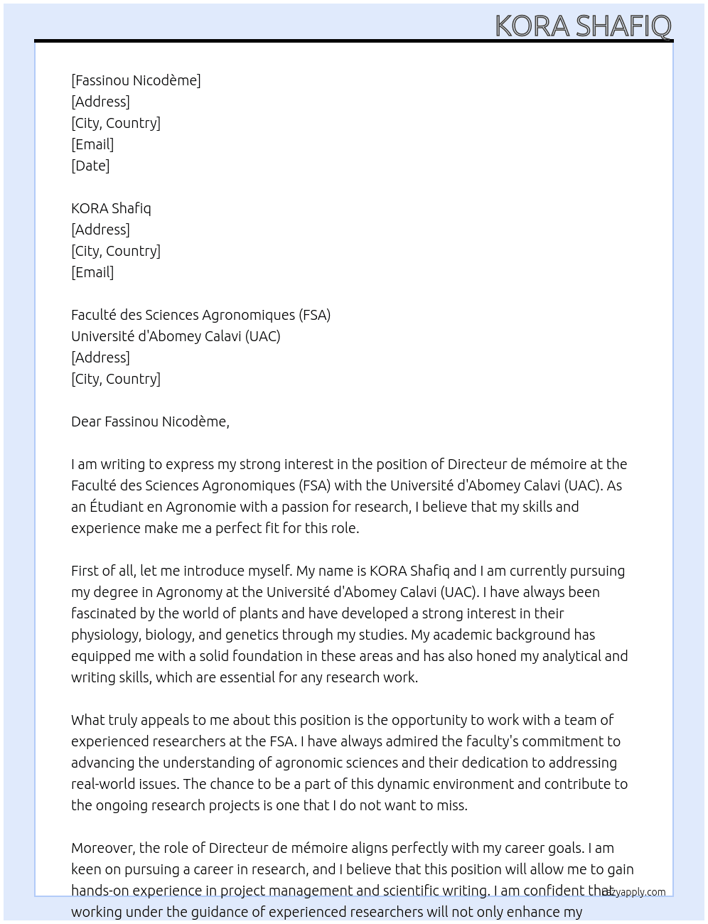 Cover letter for étudiant en agronomie-recherche de directeur de memoire - LazyApply