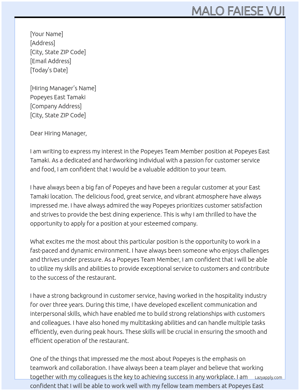 Popeyes Team Member At Popeyes East Tamaki Cover Letter