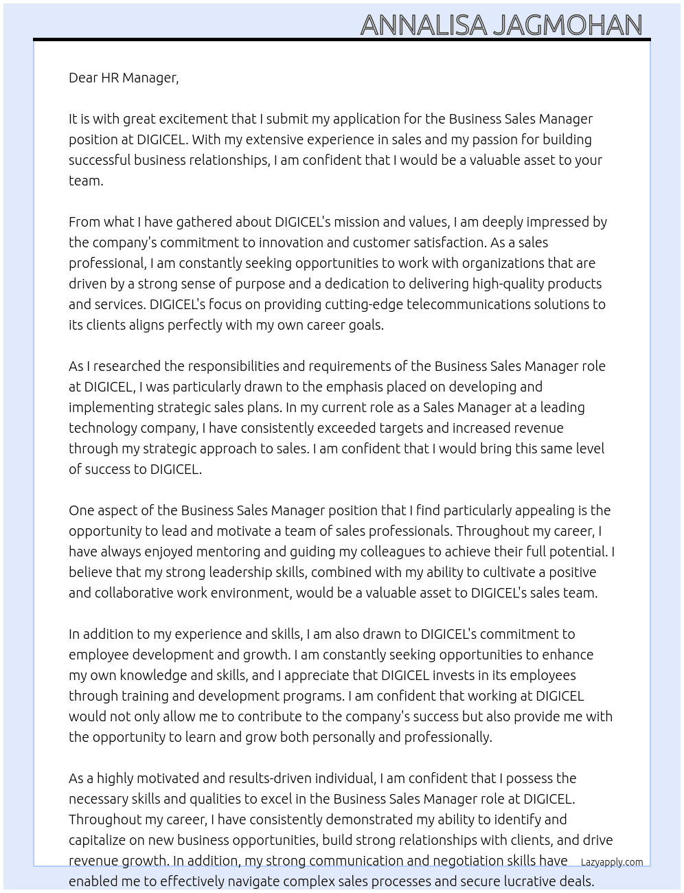 Business Sales Manager At DIGICEL Cover Letter