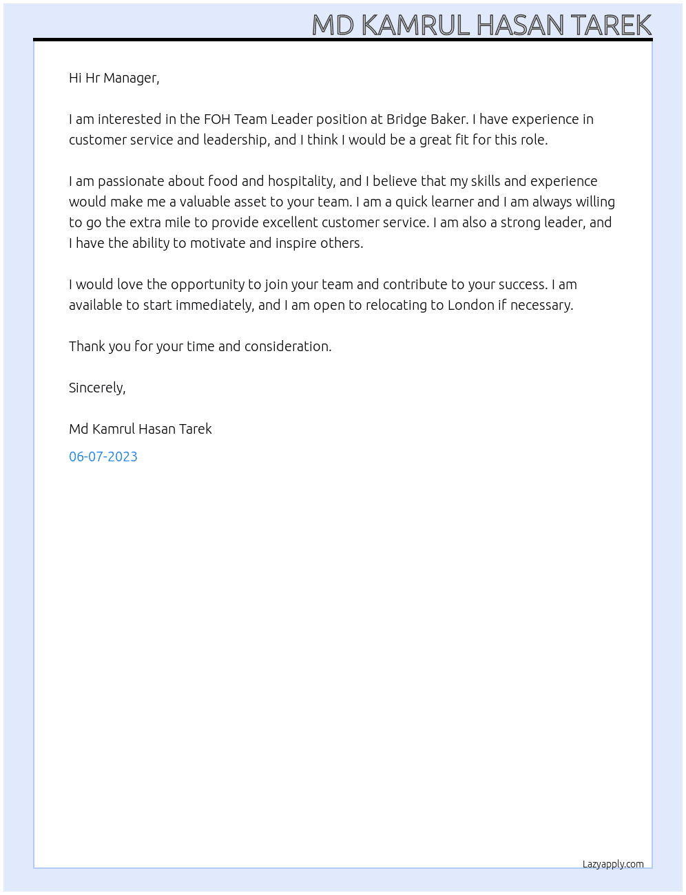 FOH Team Leader At Bridge Baker Cover Letter