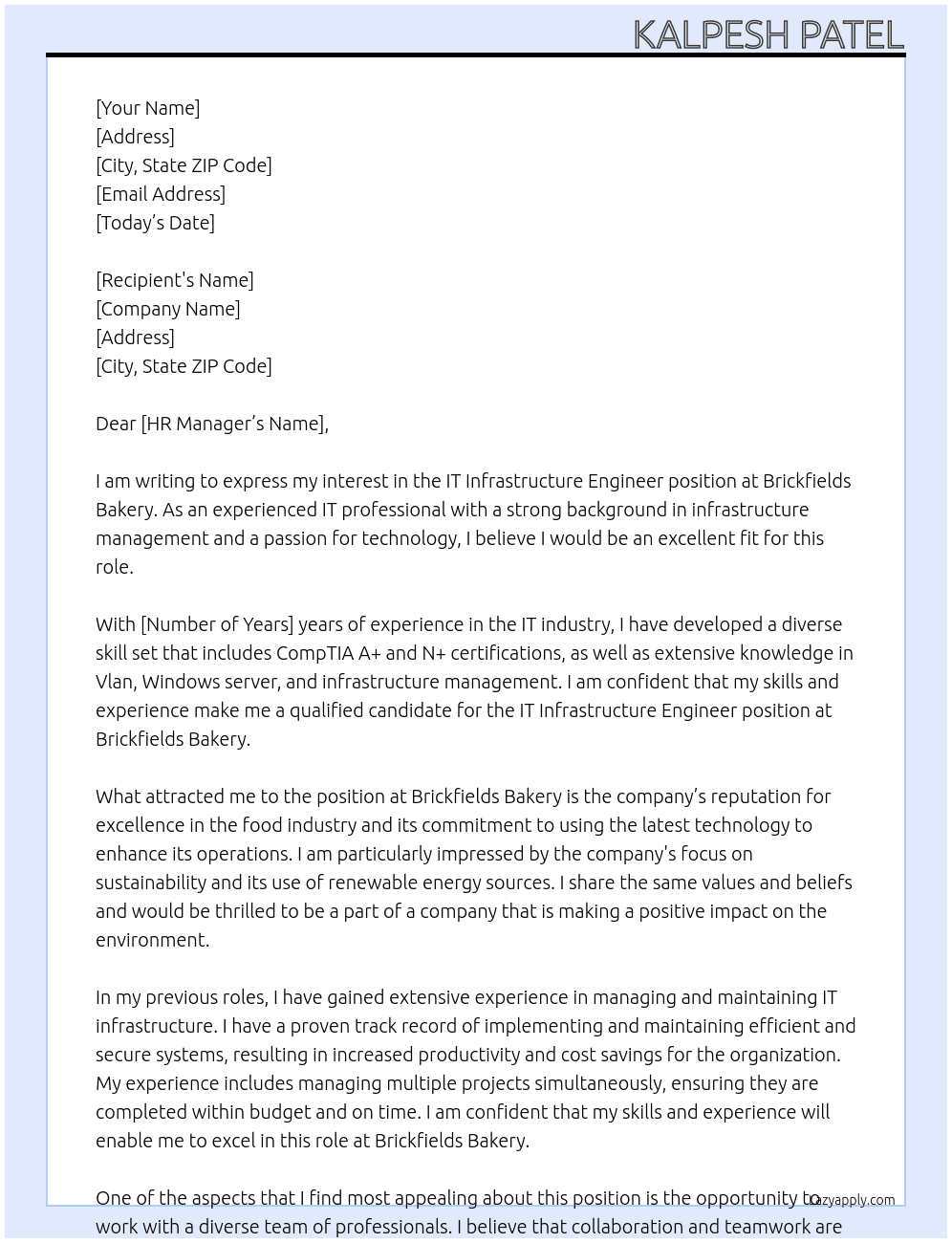 IT Infrastructure Engineer At Brickfields Bakery Cover Letter