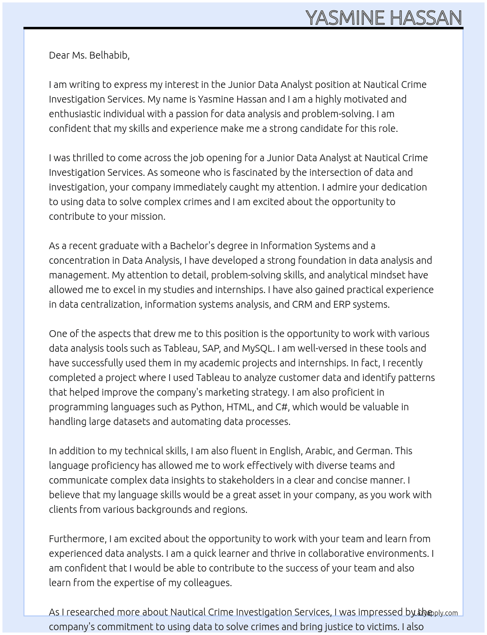 Junior Data Analyst At Nautical Crime Investigation Services Cover Letter