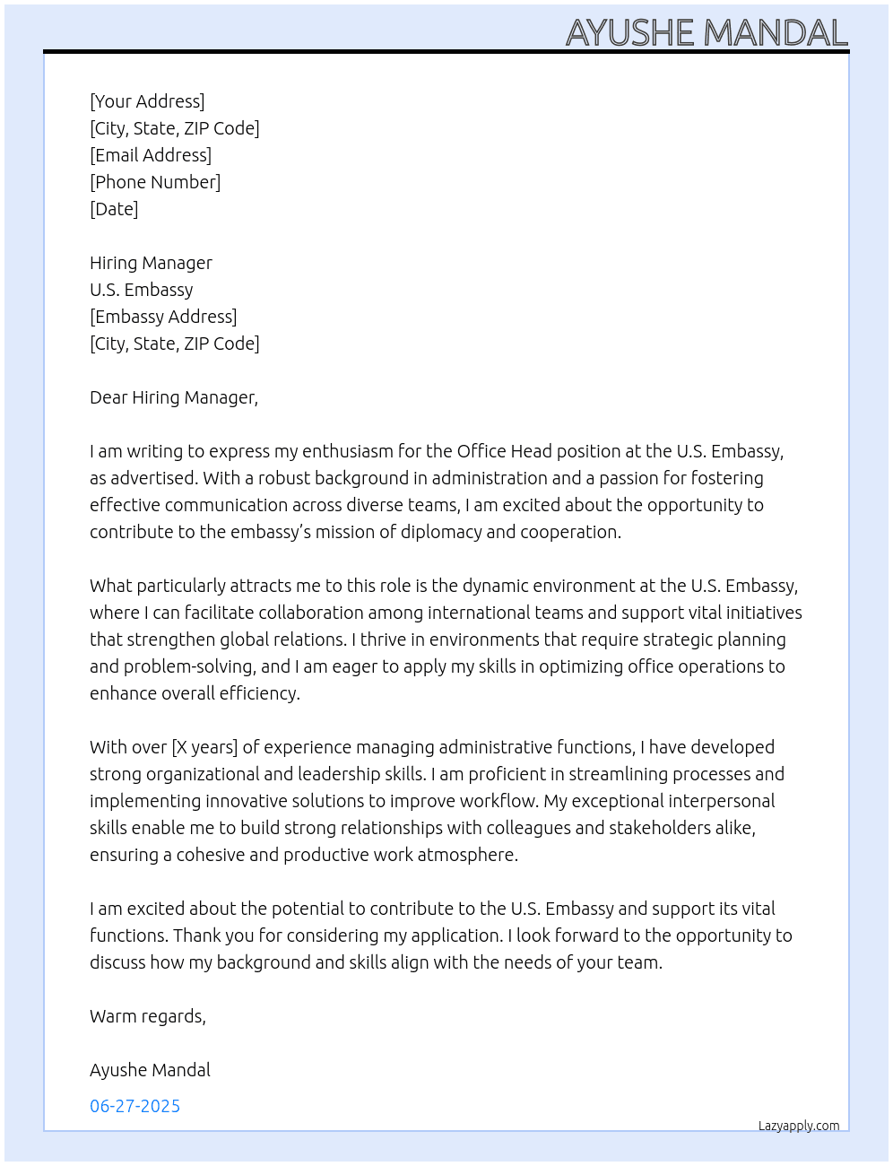 Office Head At U.S Ambassy Cover Letter