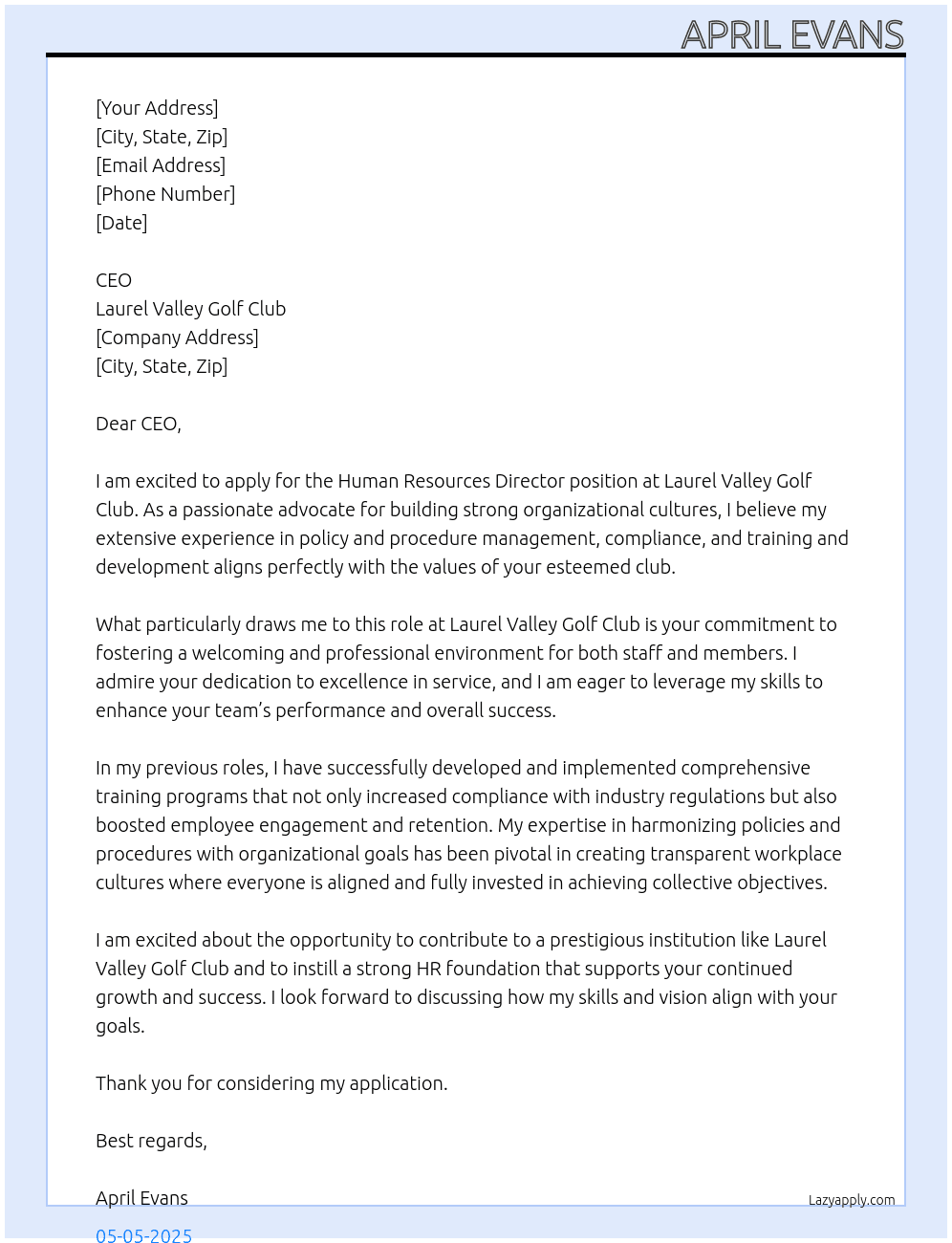 Human Resources Director  At Laurel Valley Golf Club Cover Letter