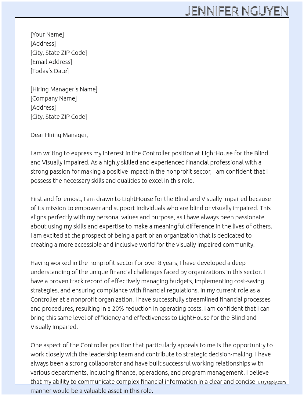 Controller At LightHouse for the Blind and Visually Impaired  Cover Letter