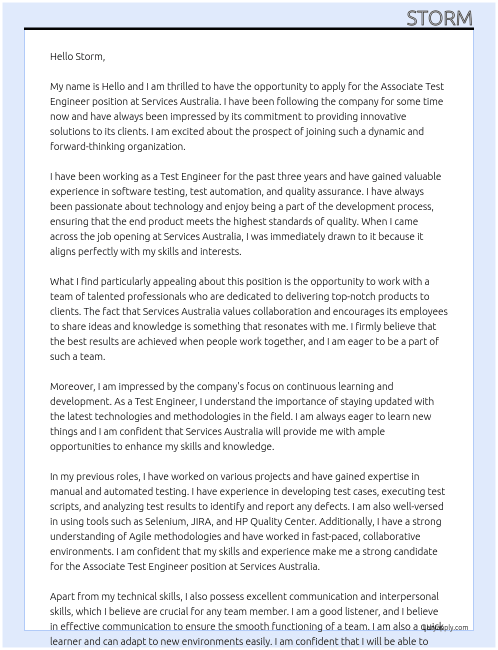 Associate Test Engineer At Services Australia Cover Letter