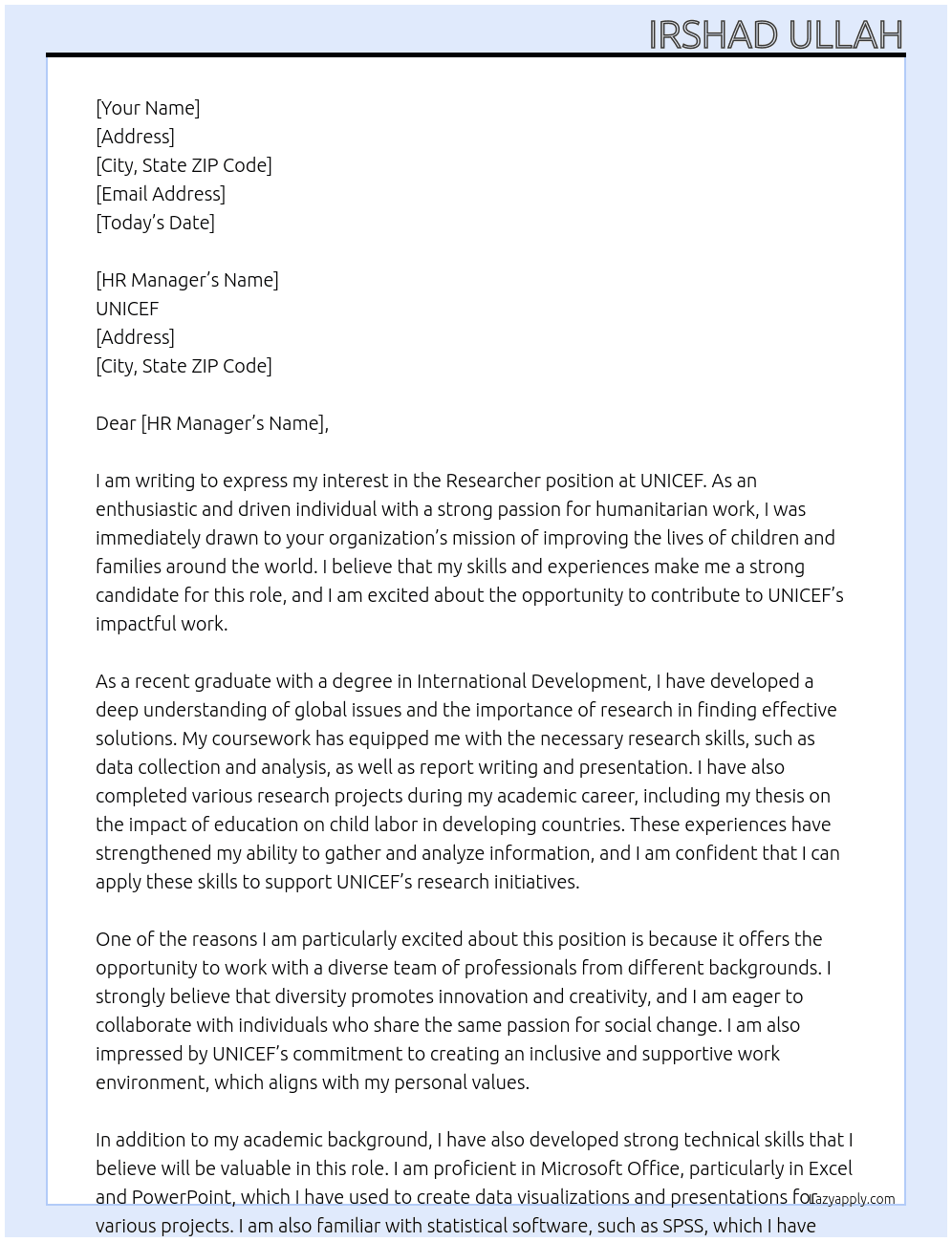 Researcher At UNICEF Cover Letter