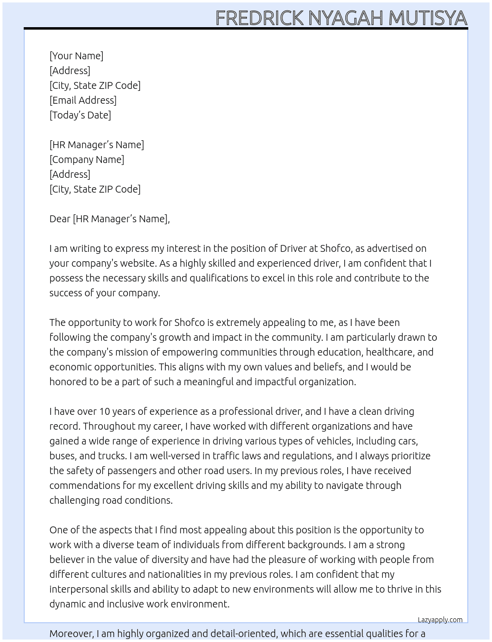 driver At shofco Cover Letter