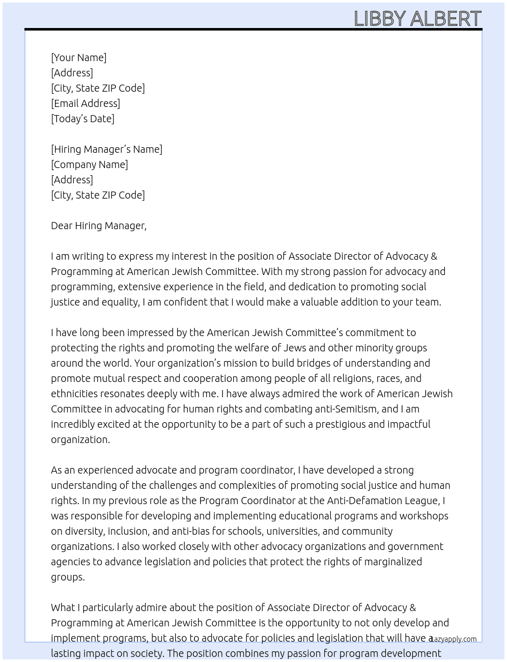 Associate Director of Advocacy & Programming At American Jewish Committee  Cover Letter