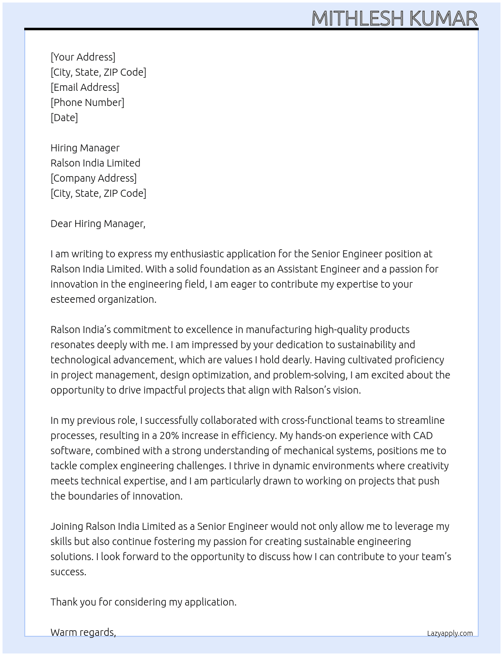 Senior engineer  At Ralson india limited  Cover Letter