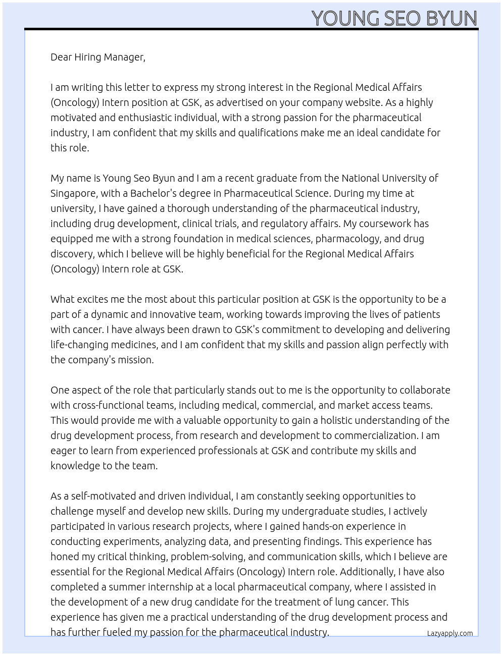 Regional Medical Affairs (Oncology) Intern At GSK Cover Letter