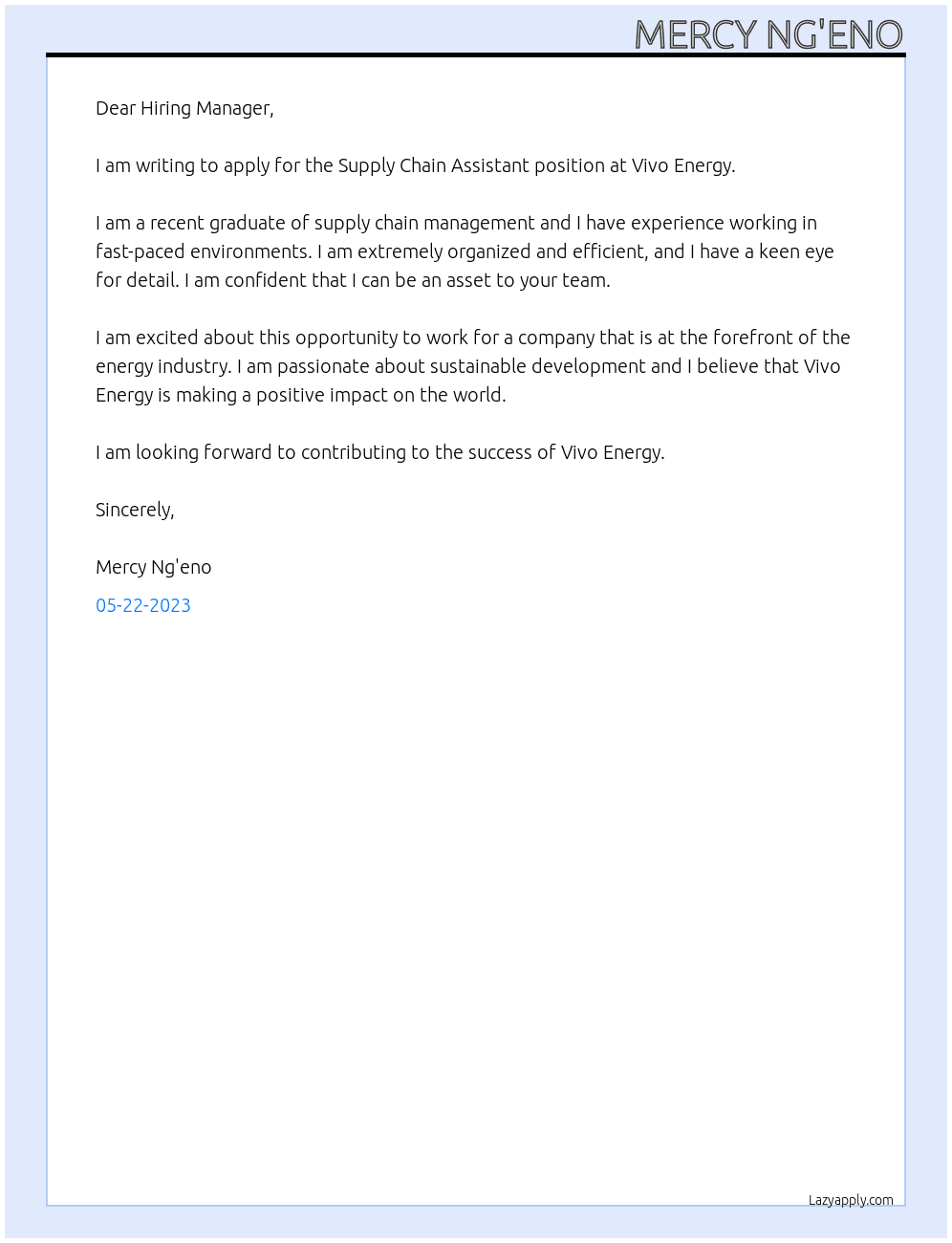 Supply Chain Assistant At Vivo Energy Cover Letter