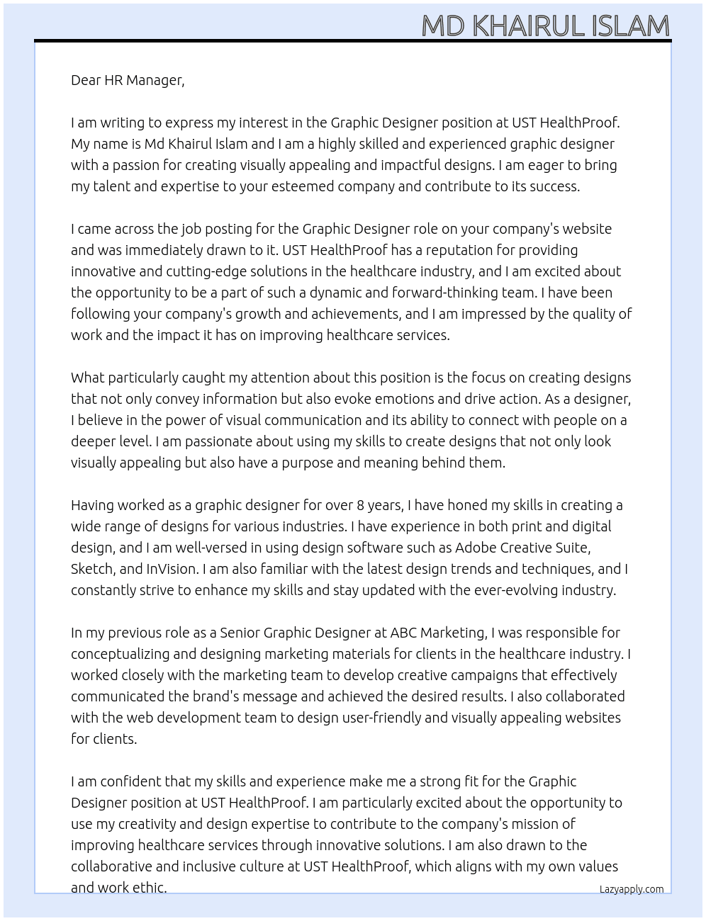 Graphic Designer At UST HealthProof, United States Cover Letter