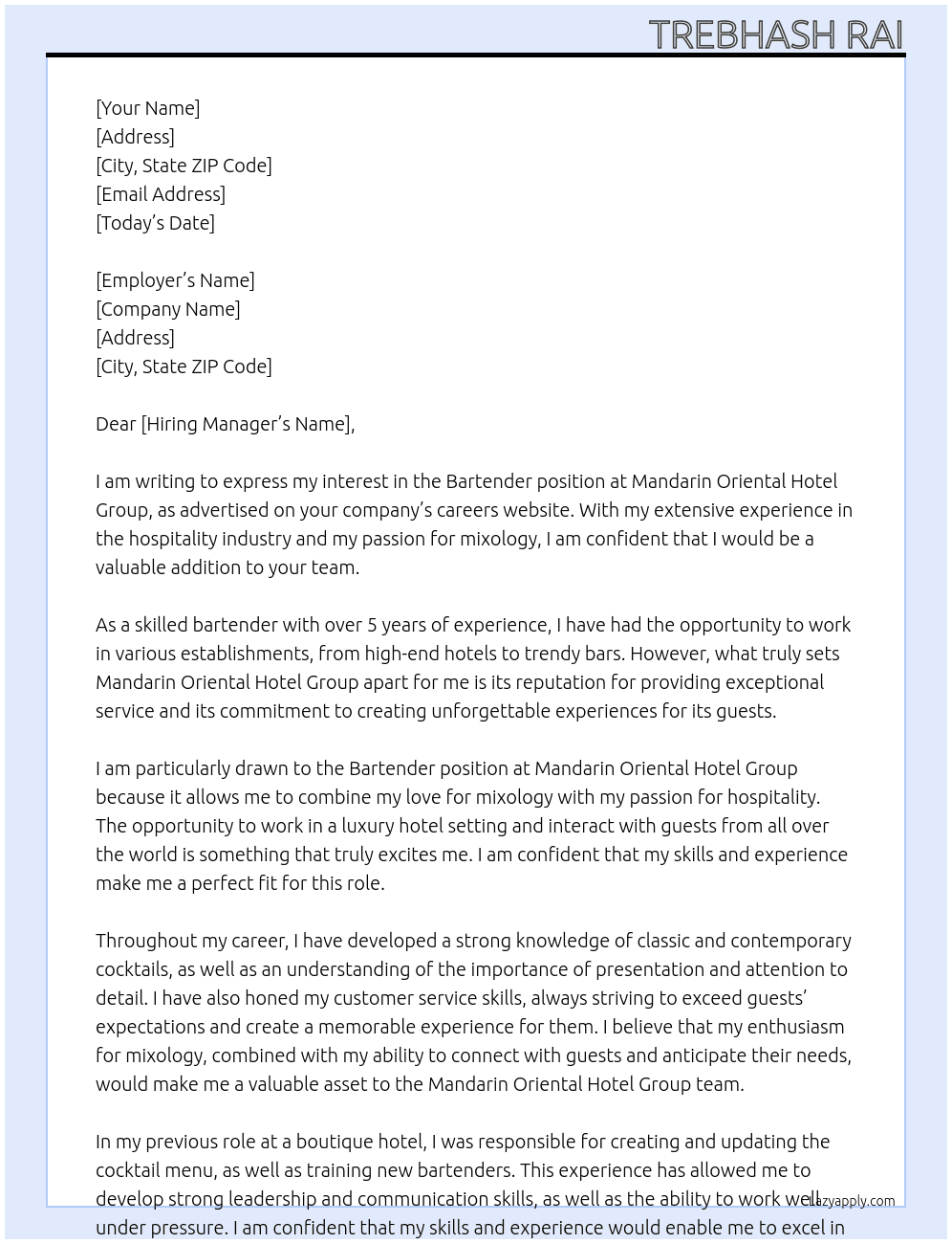 Bartender At Mandarin Oriental Hotel Group Cover Letter