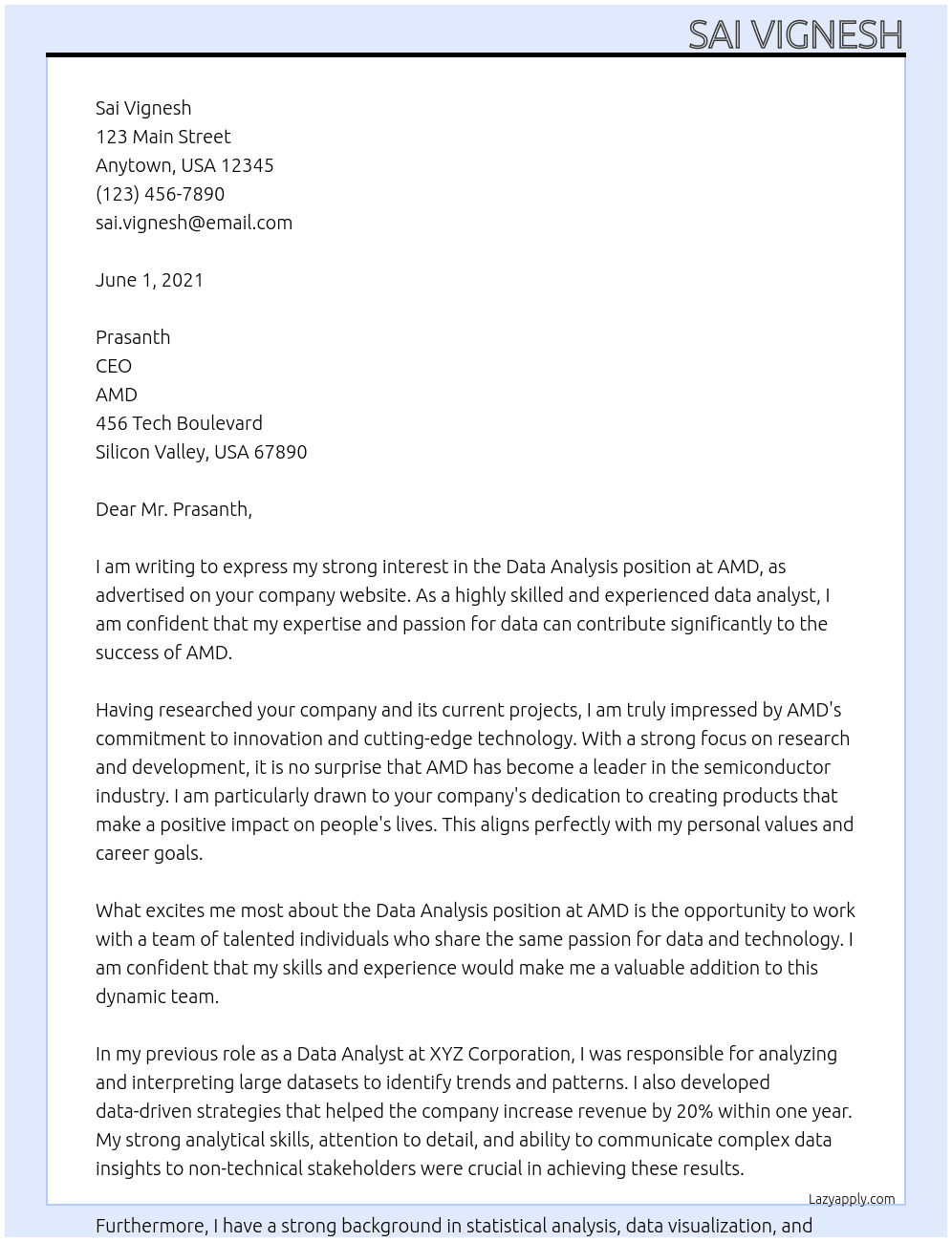 data analysis At AMD Cover Letter