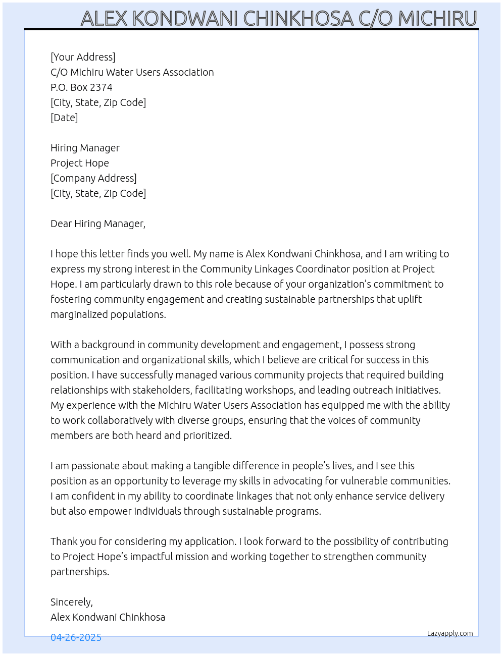 community linkages coordinator At Project hope Cover Letter