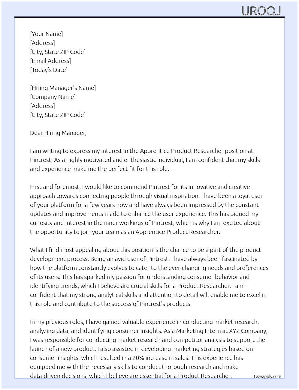 Apprentice Product Researcher At Pintrest Cover Letter