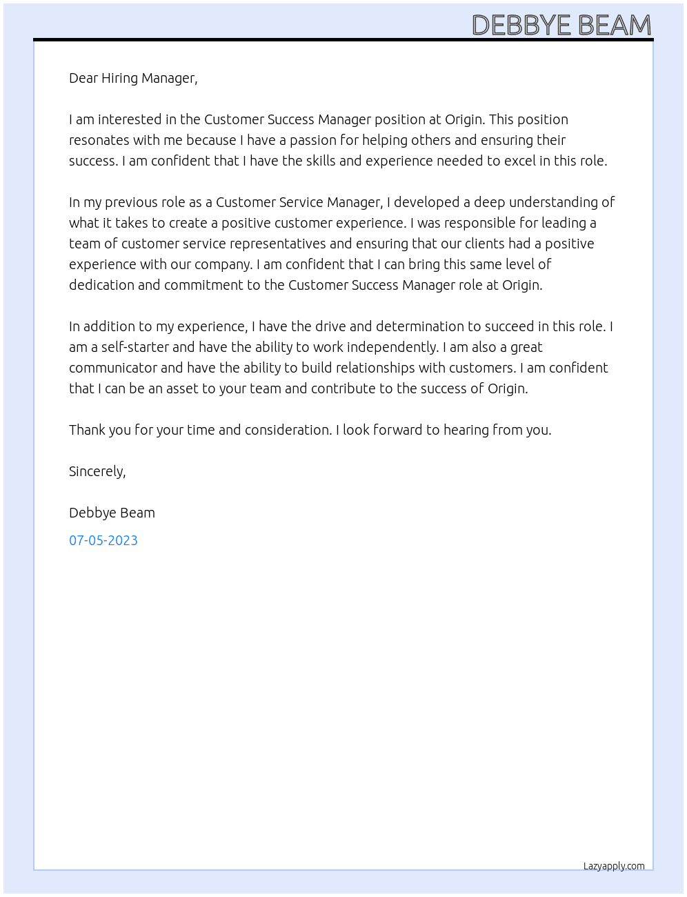 Customer Success Manager  At Origin Cover Letter