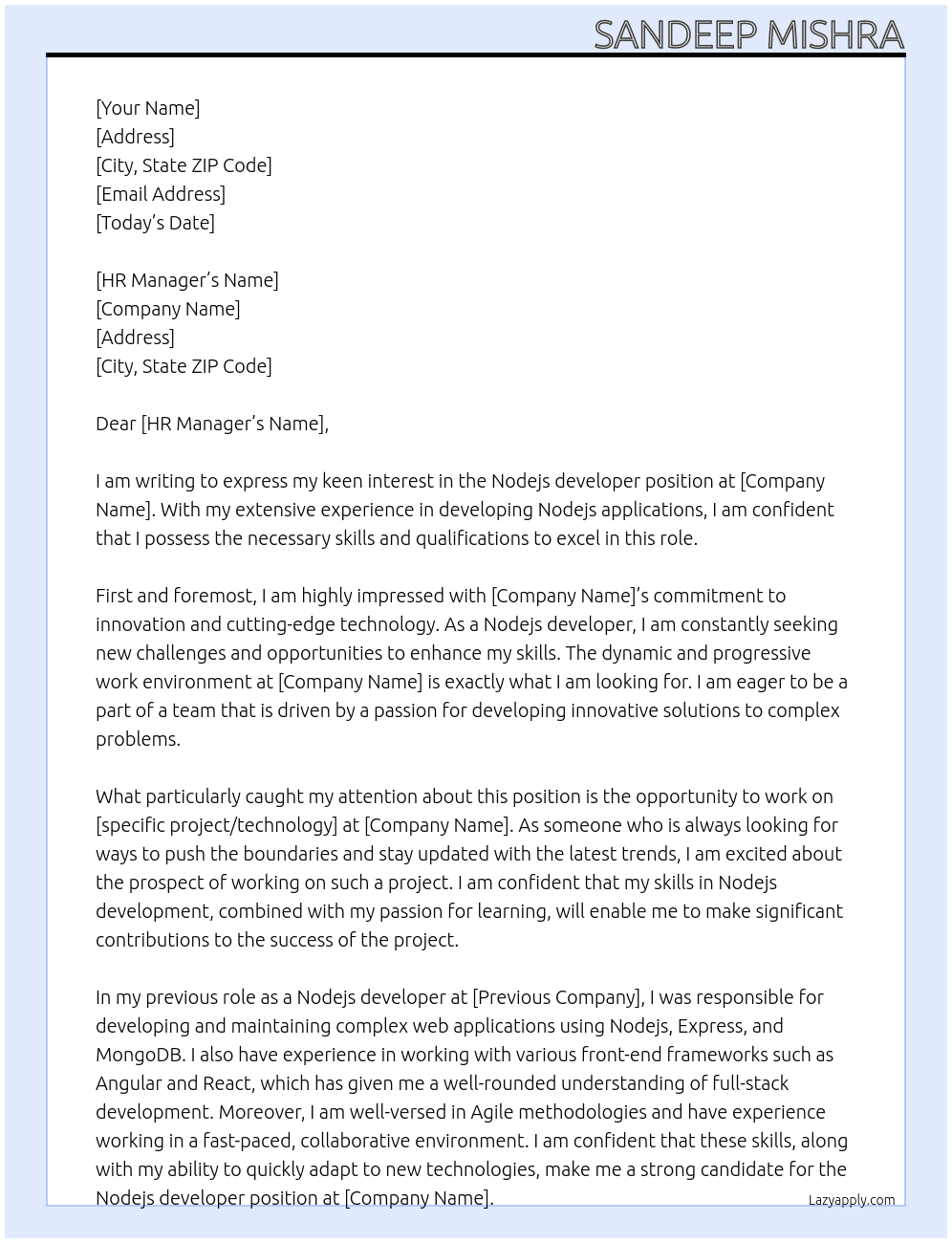 Nodejs developer At Any Cover Letter