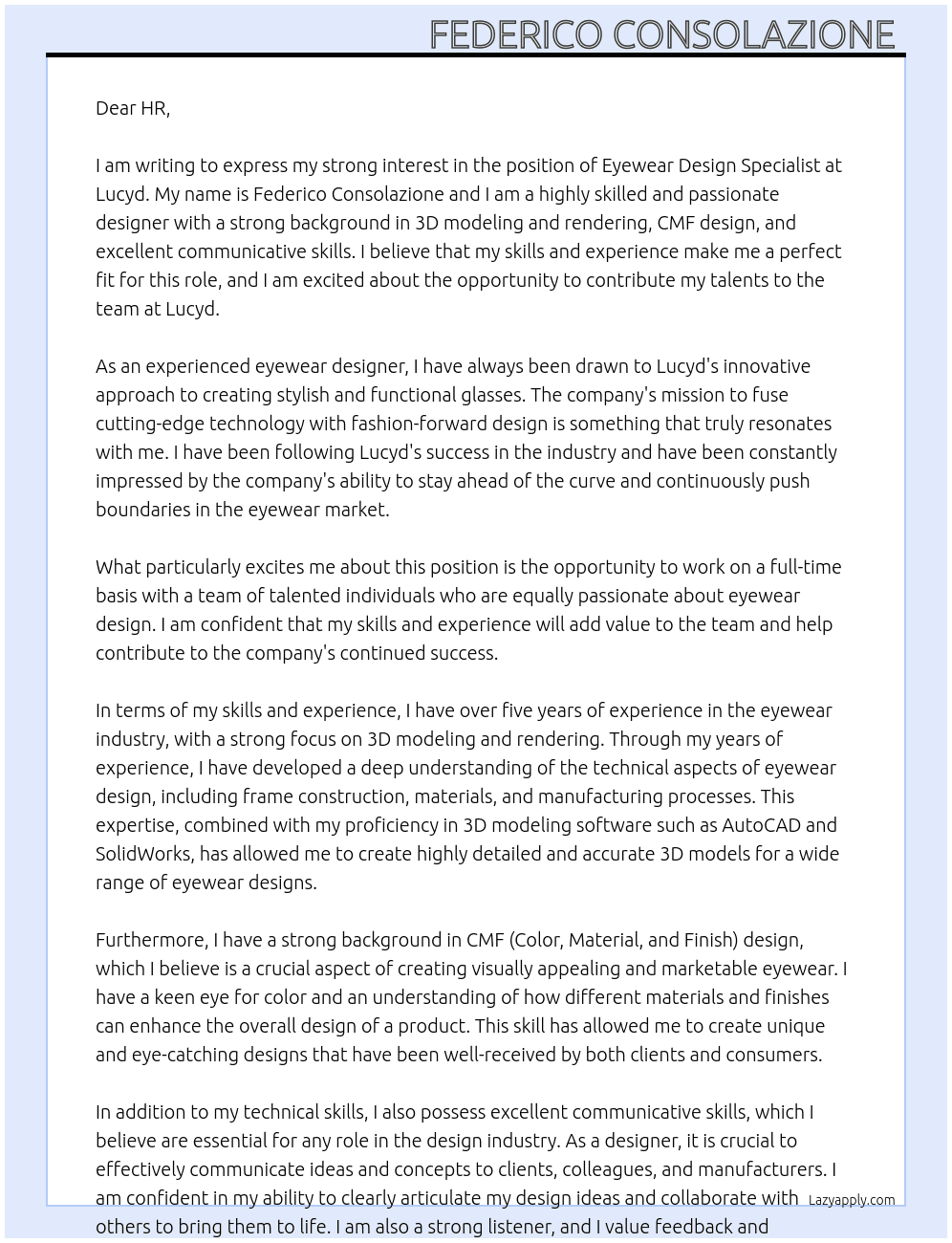 Eyewear Design Specialist At Lucyd Cover Letter