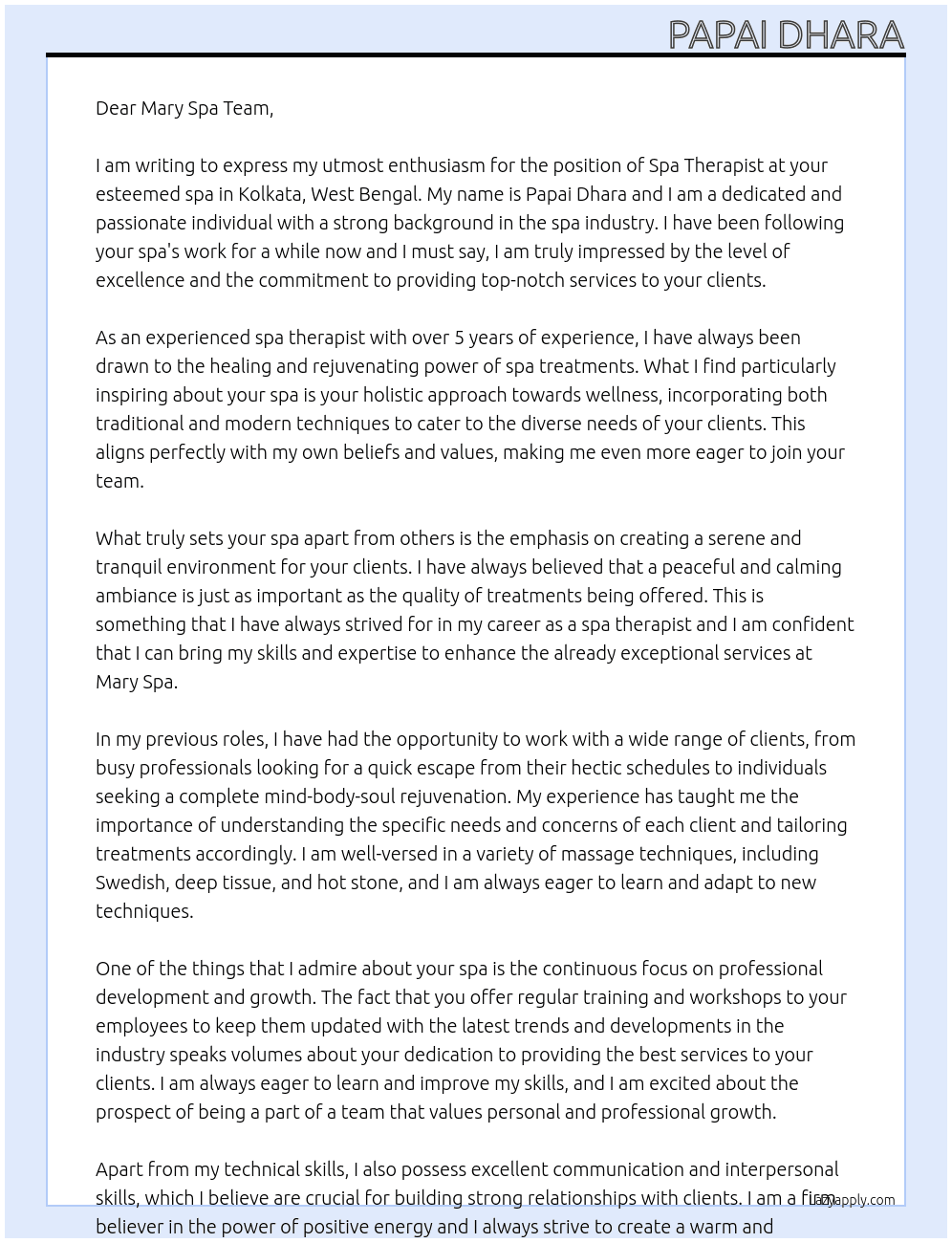 Spa therapist  At Spa Therapist mary spa Kolkata, West Bengal Cover Letter