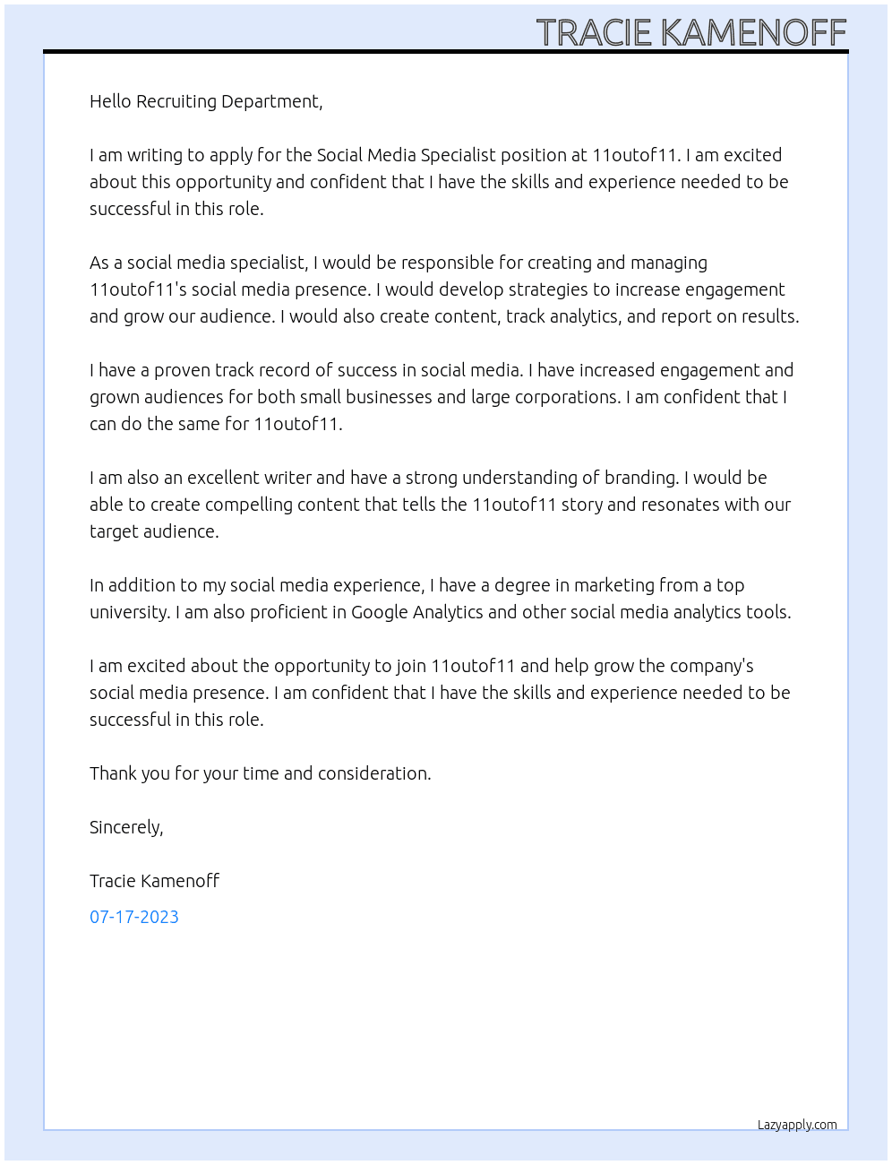 Social Media Specialist At 11outof11 Cover Letter