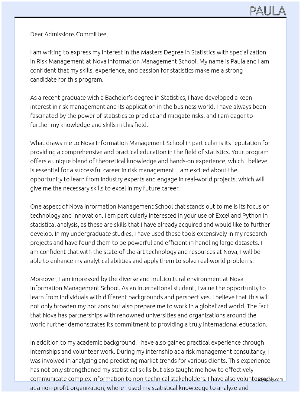 Masters Degree in Statistics with specialization in Risk Management At Nova Information Management School Cover Letter