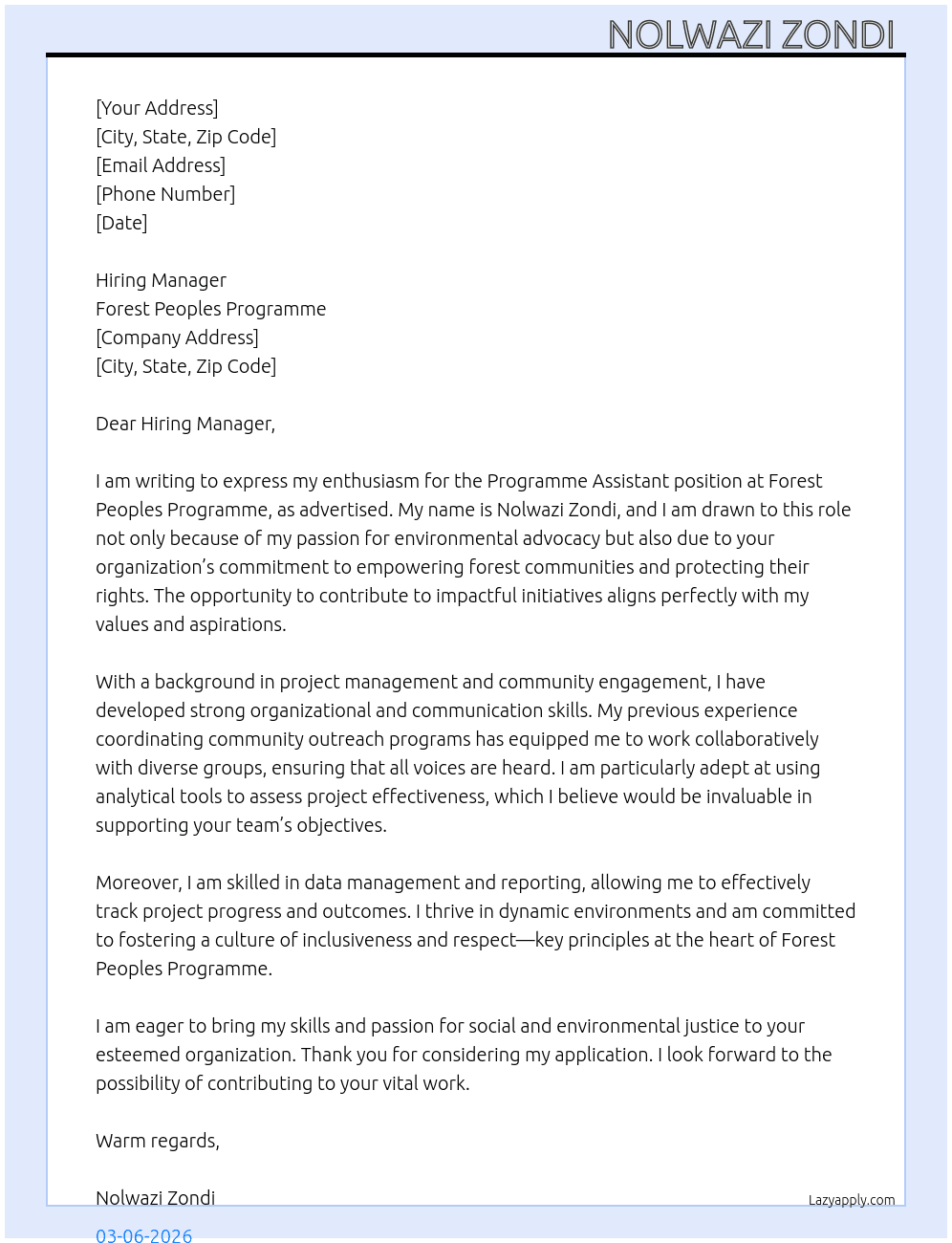 Cover letter for programme assistant - LazyApply