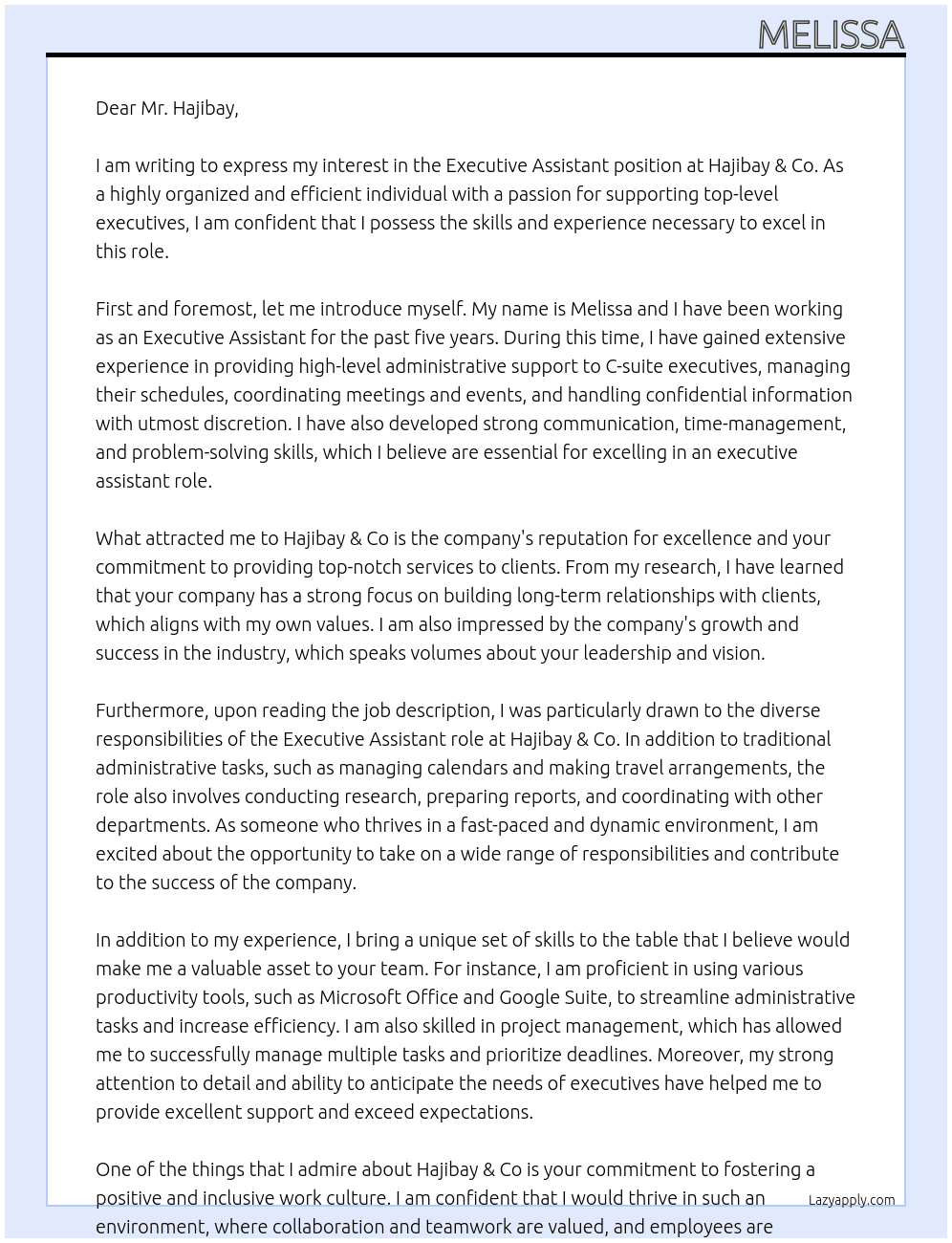 executive assitant At Hajibay & Co Cover Letter